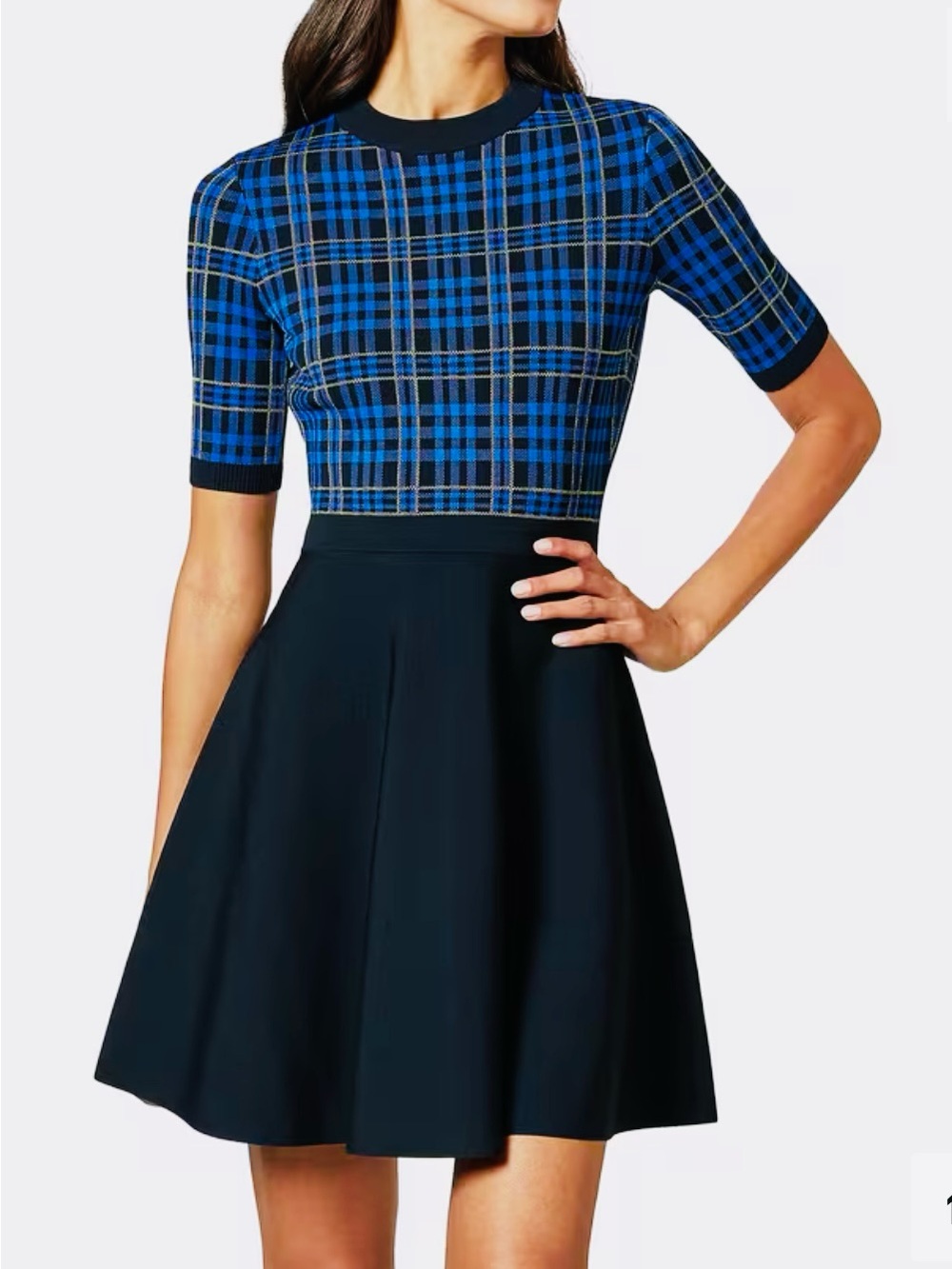 Ted Baker Navy Blue Plaid Knit Top with Navy Skirt Dress